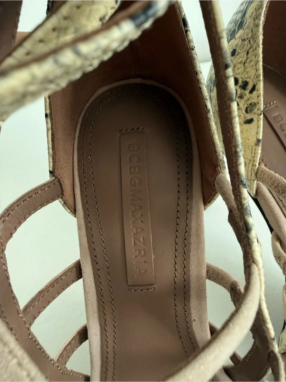 BCBGMaxAzria Nude Taupe Strappy High Heel Sandals with Snake-Print Trim
